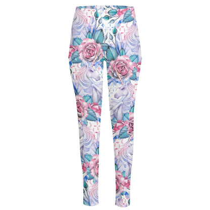 White Fairy Rose Unicorn Pattern Print High-Waisted Pocket Leggings