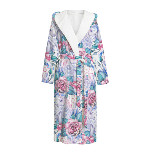 White Fairy Rose Unicorn Pattern Print Hooded Bathrobe