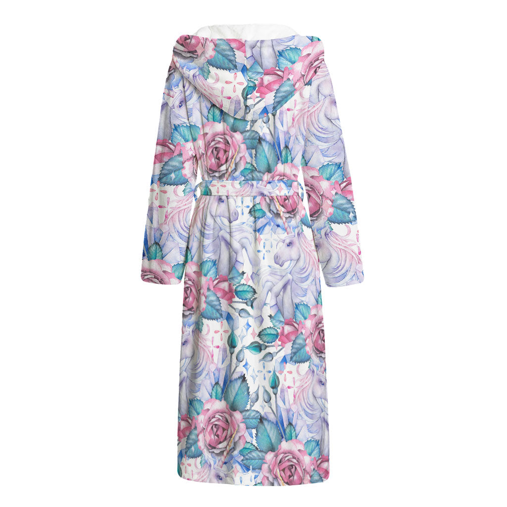 White Fairy Rose Unicorn Pattern Print Hooded Bathrobe