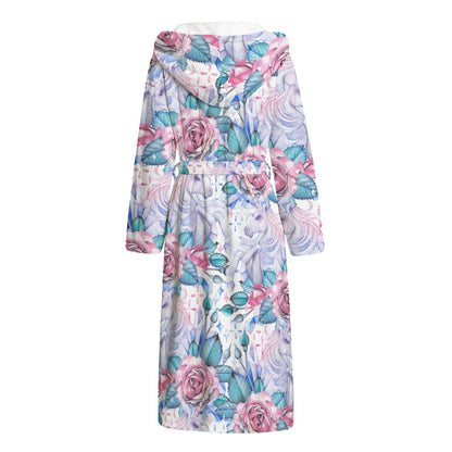 White Fairy Rose Unicorn Pattern Print Hooded Bathrobe