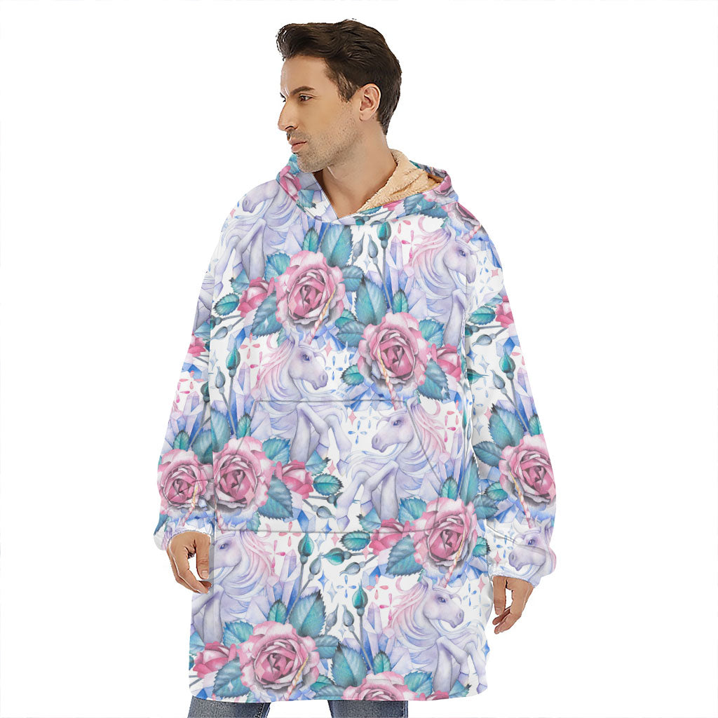White Fairy Rose Unicorn Pattern Print Hoodie Blanket