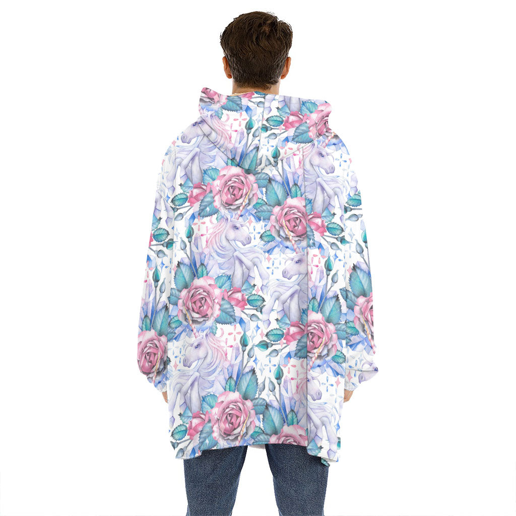 White Fairy Rose Unicorn Pattern Print Hoodie Blanket