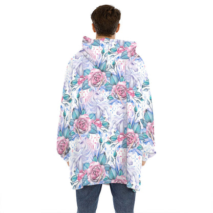 White Fairy Rose Unicorn Pattern Print Hoodie Blanket