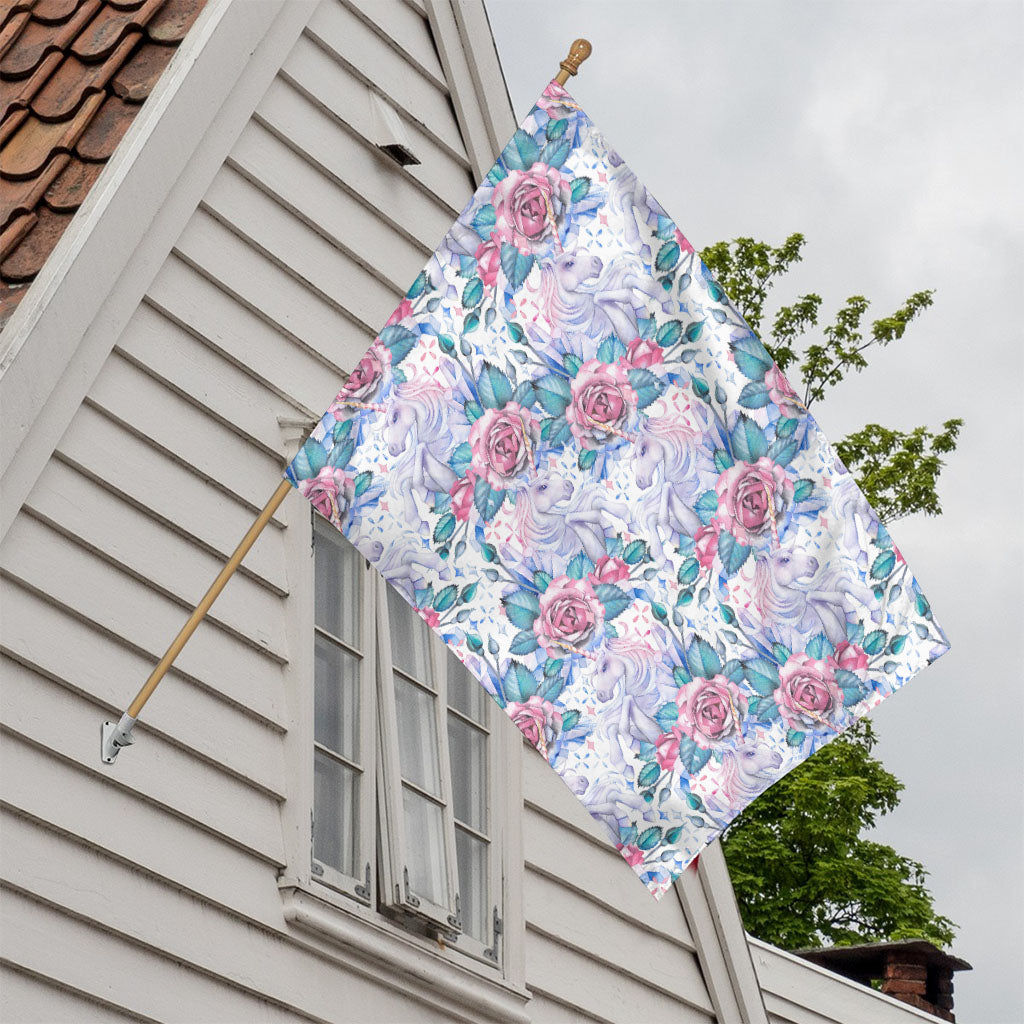 White Fairy Rose Unicorn Pattern Print House Flag