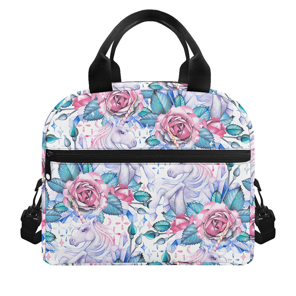 White Fairy Rose Unicorn Pattern Print Insulated Lunch Bag