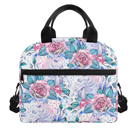 White Fairy Rose Unicorn Pattern Print Insulated Lunch Bag