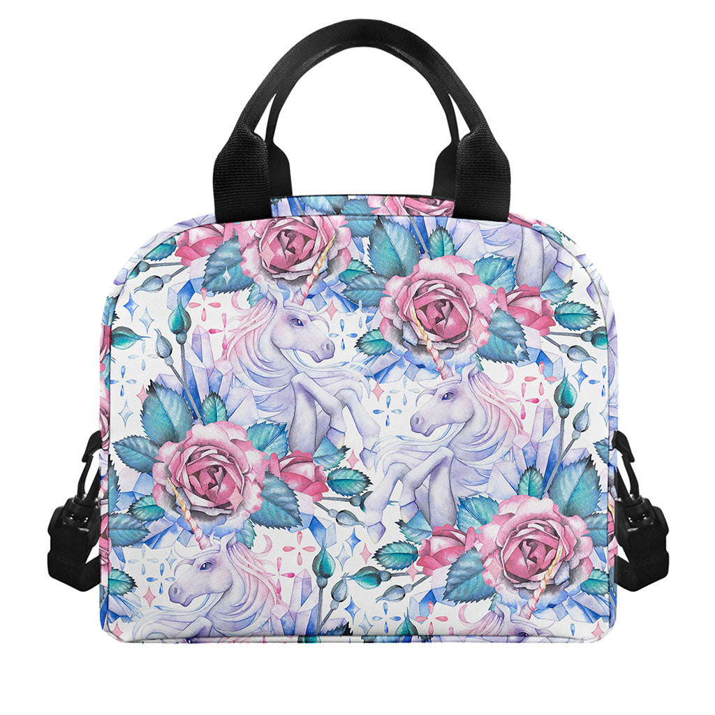 White Fairy Rose Unicorn Pattern Print Insulated Lunch Bag