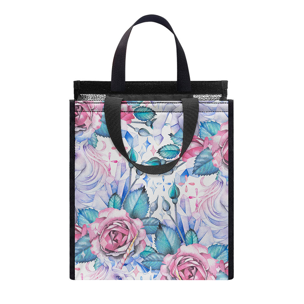 White Fairy Rose Unicorn Pattern Print Insulated Lunch Tote