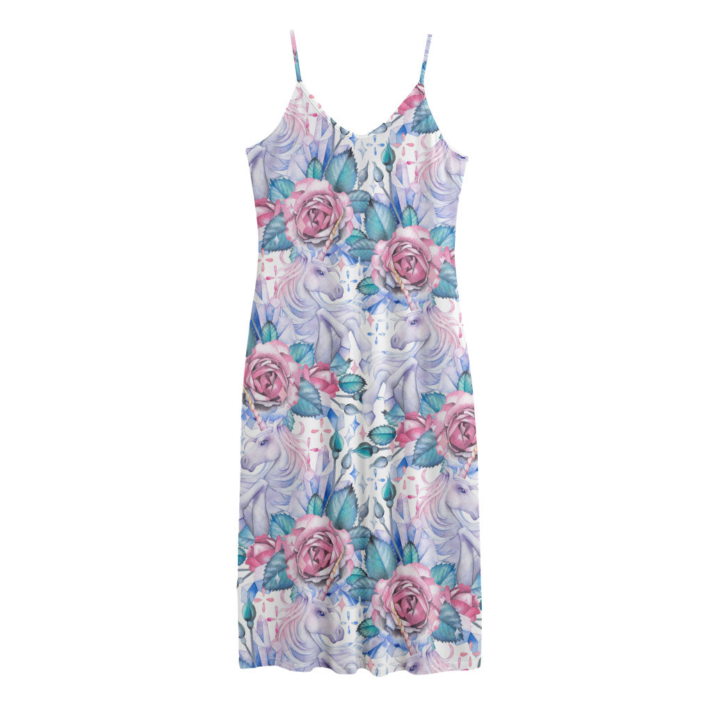 White Fairy Rose Unicorn Pattern Print Jersey Midi Cami Dress