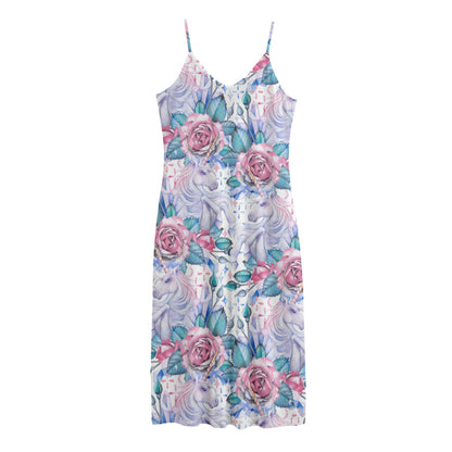 White Fairy Rose Unicorn Pattern Print Jersey Midi Cami Dress