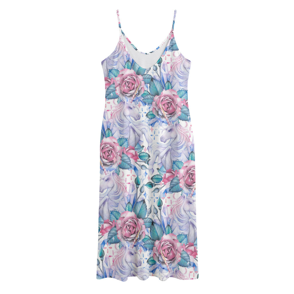 White Fairy Rose Unicorn Pattern Print Jersey Midi Cami Dress