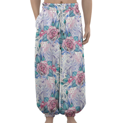 White Fairy Rose Unicorn Pattern Print Lantern Pants