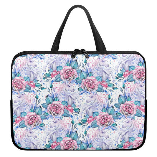 White Fairy Rose Unicorn Pattern Print Laptop Sleeve With Handle