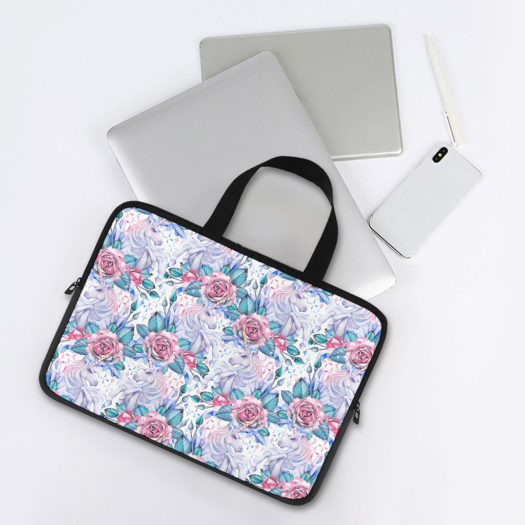 White Fairy Rose Unicorn Pattern Print Laptop Sleeve With Handle