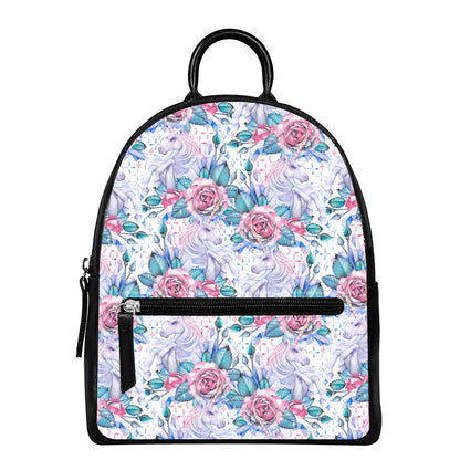 White Fairy Rose Unicorn Pattern Print Leather Backpack