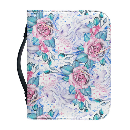 White Fairy Rose Unicorn Pattern Print Leather Bible Cover