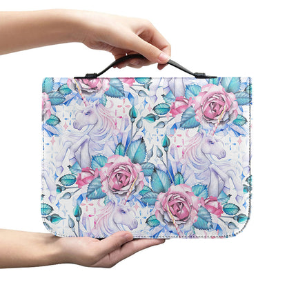 White Fairy Rose Unicorn Pattern Print Leather Bible Cover