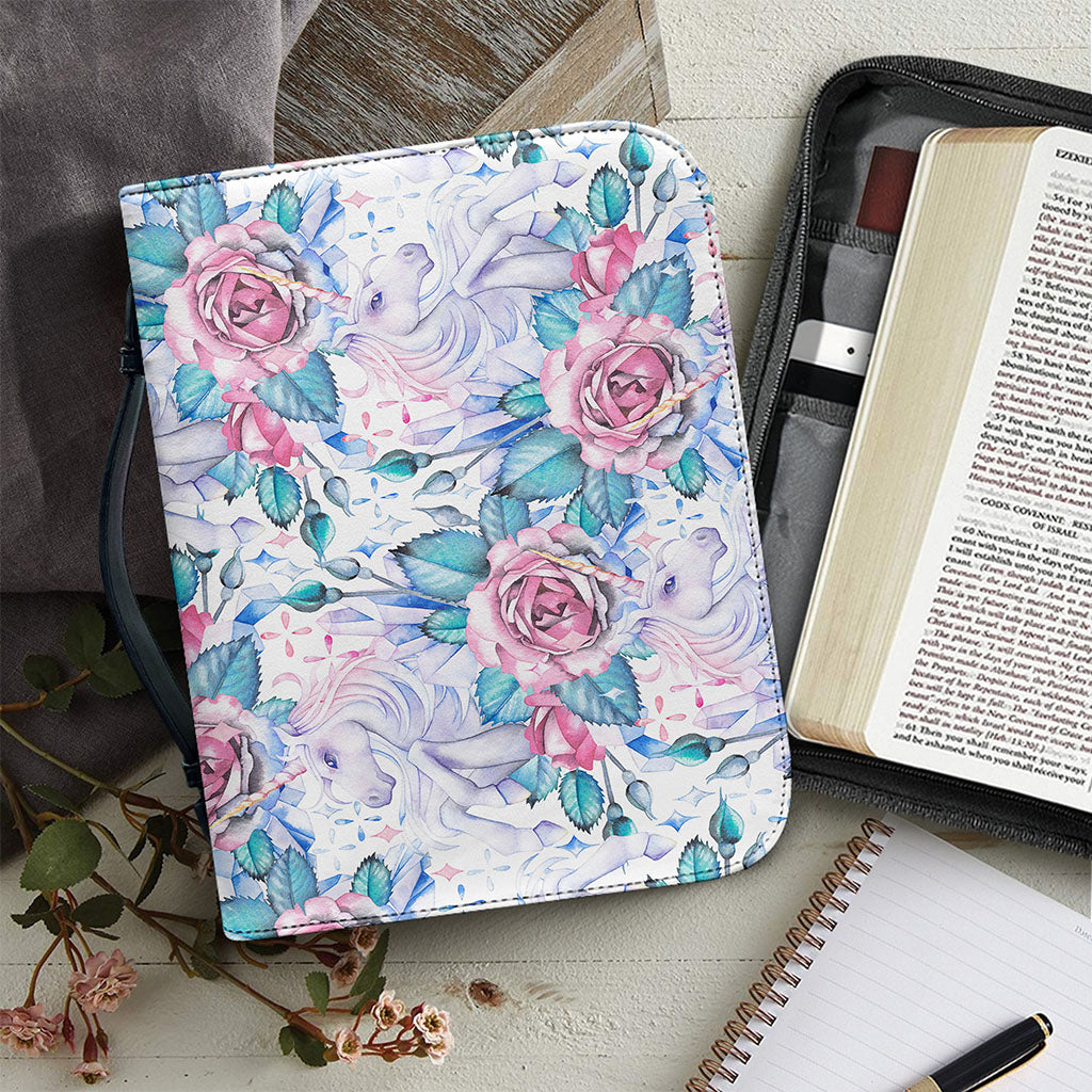White Fairy Rose Unicorn Pattern Print Leather Bible Cover