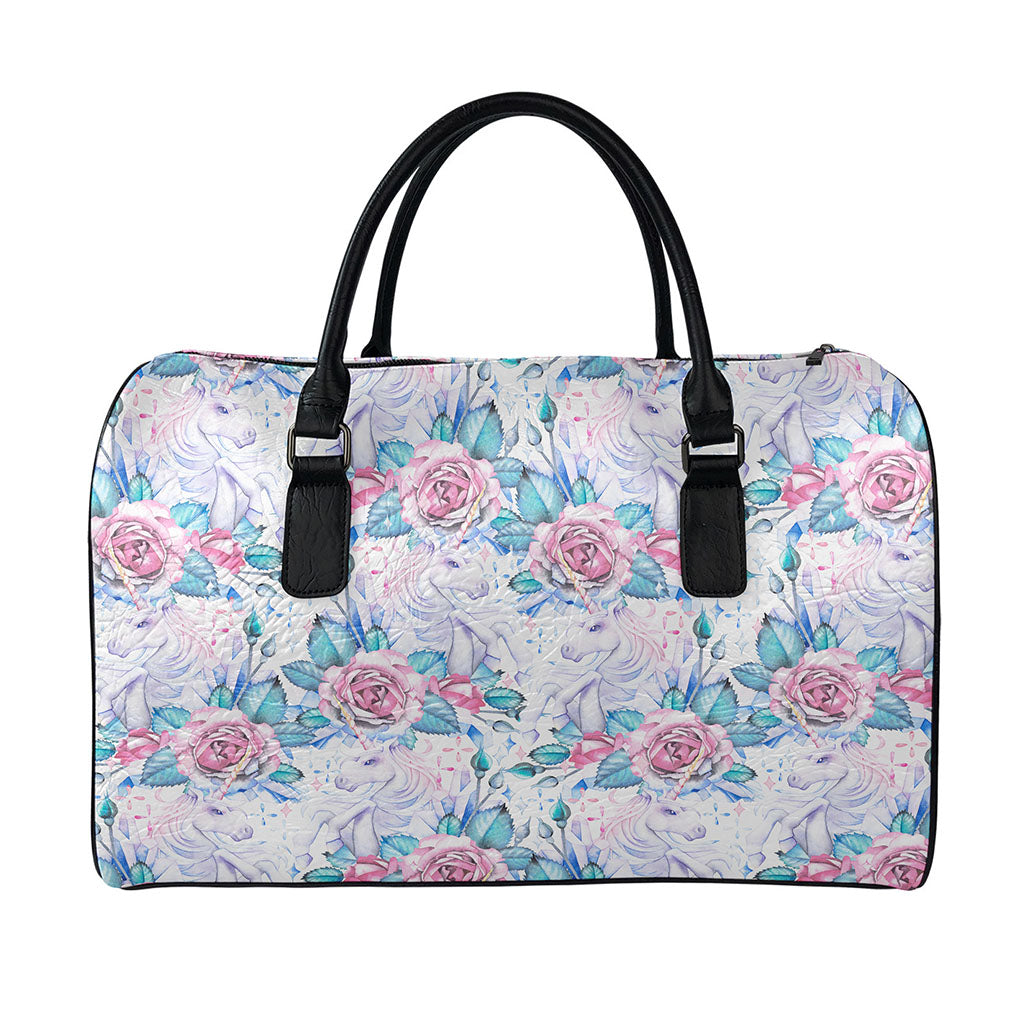 White Fairy Rose Unicorn Pattern Print Leather Duffle Bag