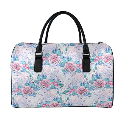 White Fairy Rose Unicorn Pattern Print Leather Duffle Bag