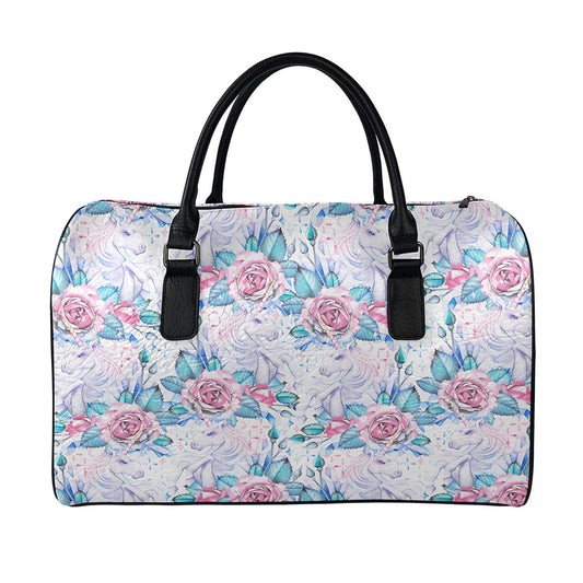 White Fairy Rose Unicorn Pattern Print Leather Duffle Bag