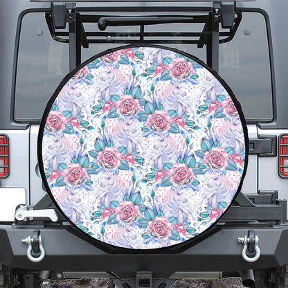 White Fairy Rose Unicorn Pattern Print Leather Spare Tire Cover