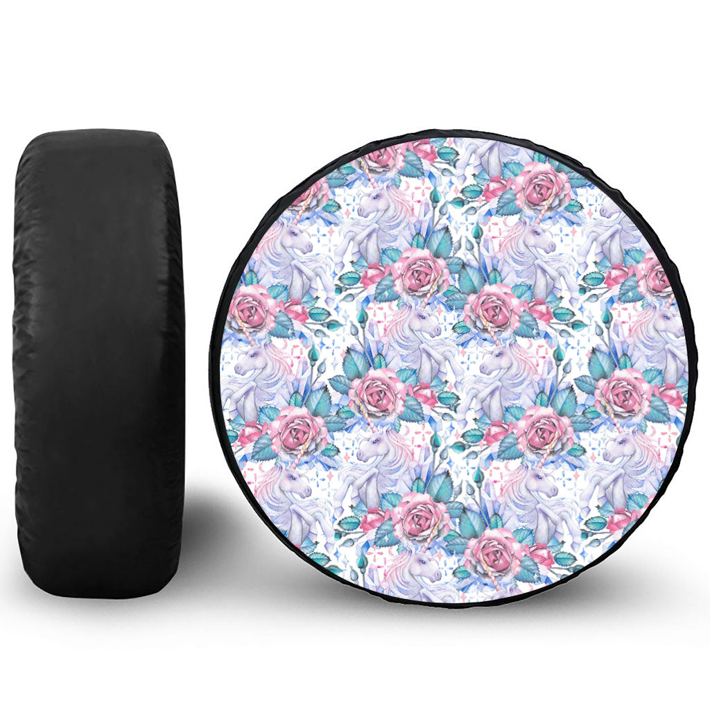 White Fairy Rose Unicorn Pattern Print Leather Spare Tire Cover