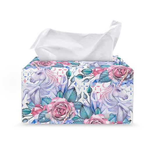 White Fairy Rose Unicorn Pattern Print Leather Tissue Box Cover