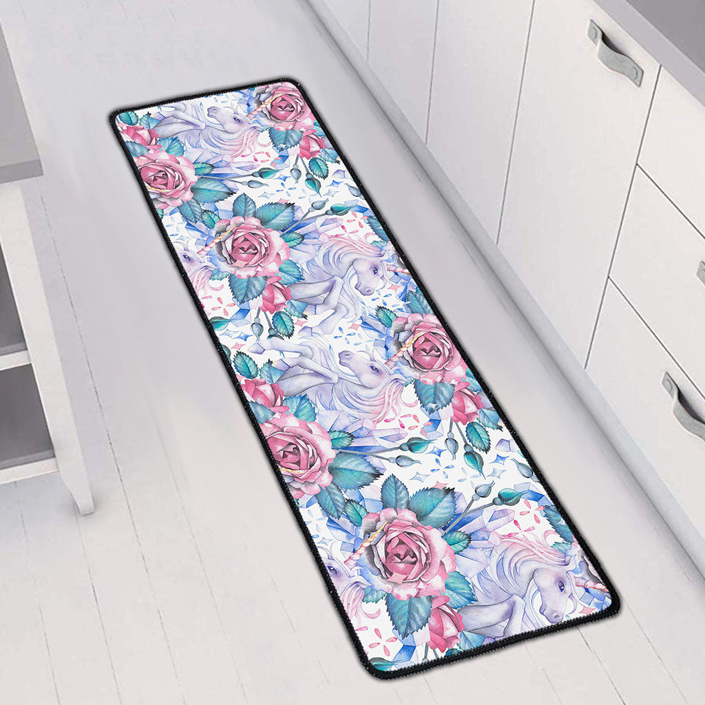 White Fairy Rose Unicorn Pattern Print Long Kitchen Mat