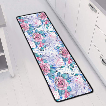 White Fairy Rose Unicorn Pattern Print Long Kitchen Mat