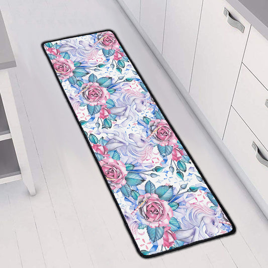 White Fairy Rose Unicorn Pattern Print Long Kitchen Mat