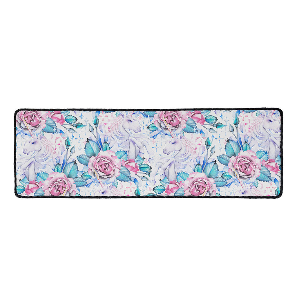 White Fairy Rose Unicorn Pattern Print Long Kitchen Mat