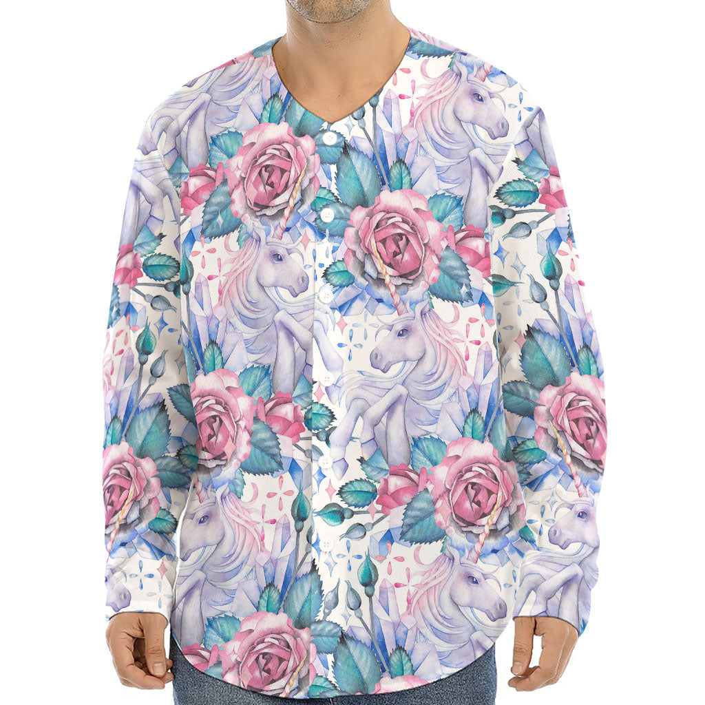 White Fairy Rose Unicorn Pattern Print Long Sleeve Baseball Jersey