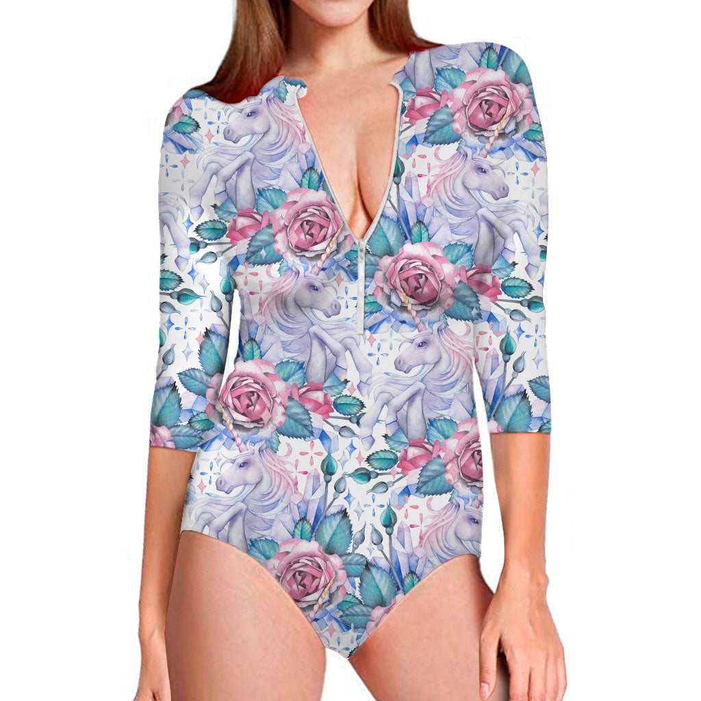 White Fairy Rose Unicorn Pattern Print Long Sleeve Swimsuit