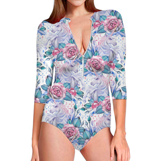 White Fairy Rose Unicorn Pattern Print Long Sleeve Swimsuit