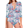 White Fairy Rose Unicorn Pattern Print Long Sleeve Swimsuit