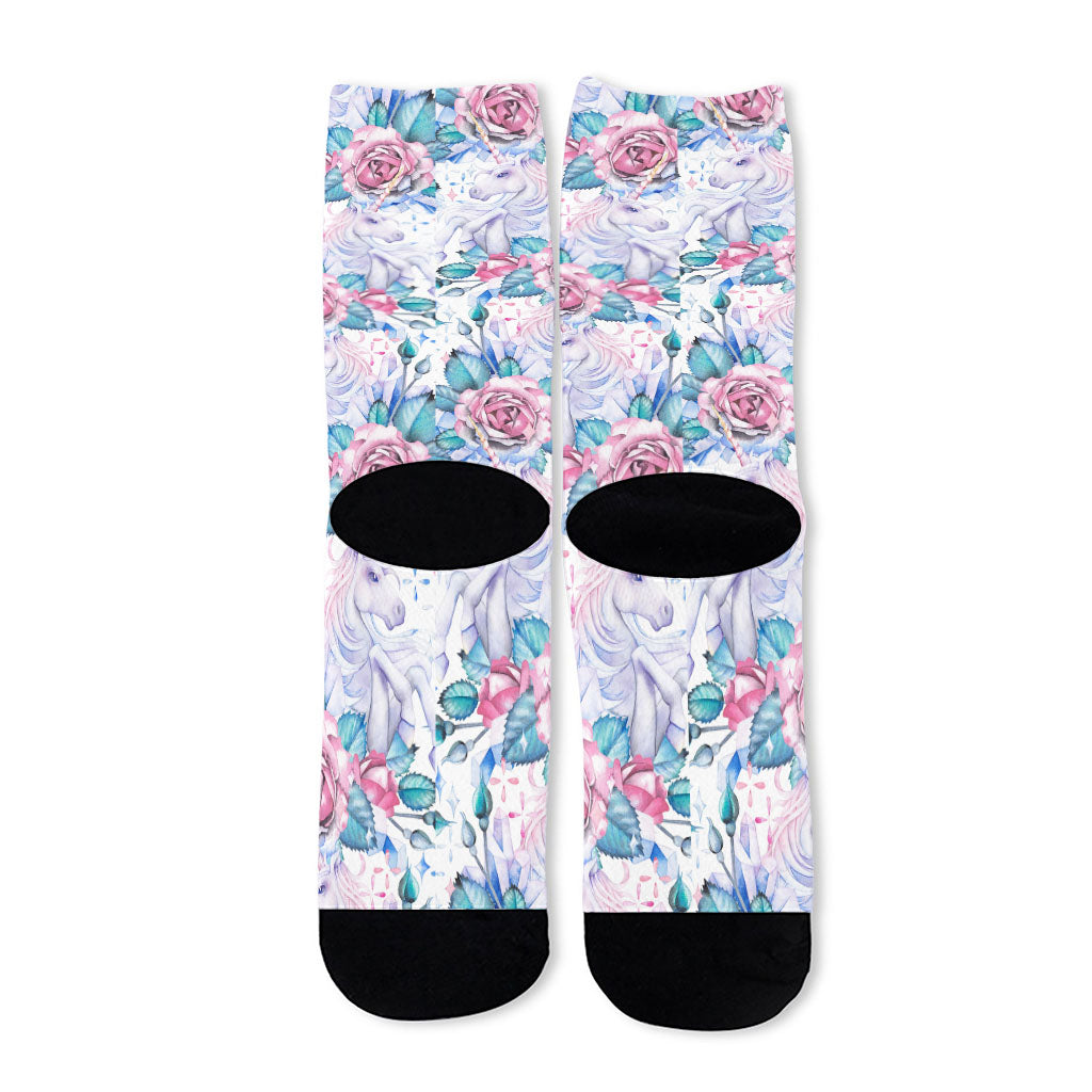 White Fairy Rose Unicorn Pattern Print Long Socks