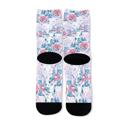 White Fairy Rose Unicorn Pattern Print Long Socks