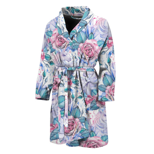 White Fairy Rose Unicorn Pattern Print Men's Bathrobe