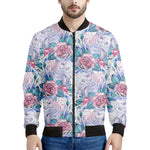 White Fairy Rose Unicorn Pattern Print Men's Bomber Jacket