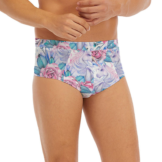 White Fairy Rose Unicorn Pattern Print Men's Briefs