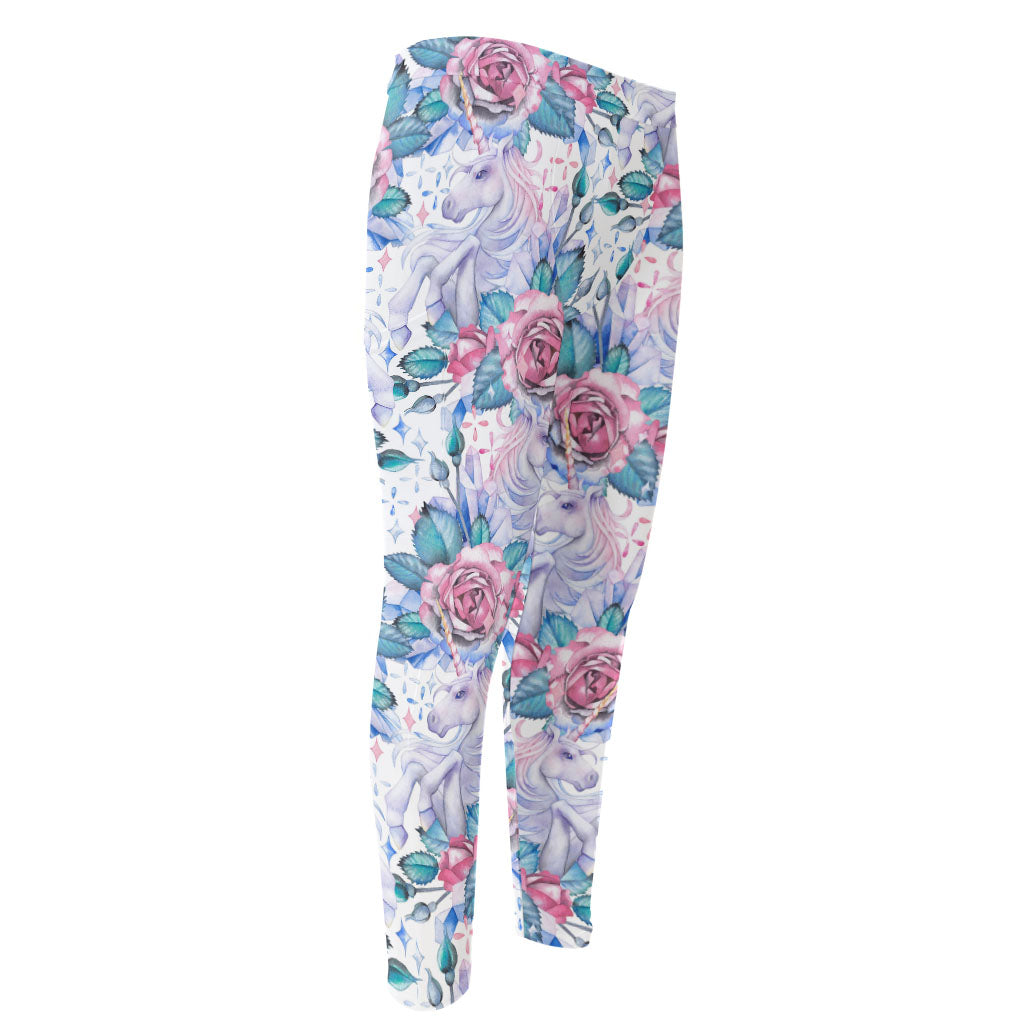 White Fairy Rose Unicorn Pattern Print Men's Compression Pants