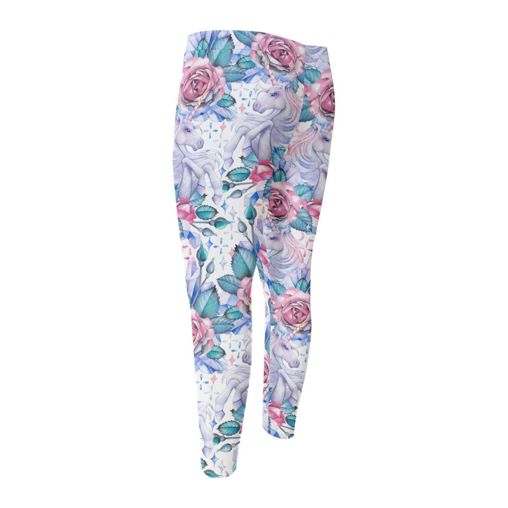 White Fairy Rose Unicorn Pattern Print Men's Compression Pants
