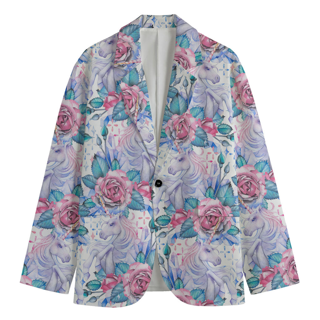 White Fairy Rose Unicorn Pattern Print Men's Cotton Blazer