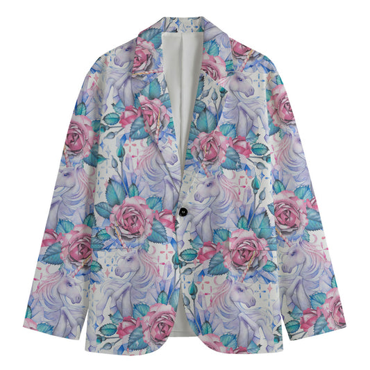 White Fairy Rose Unicorn Pattern Print Men's Cotton Blazer
