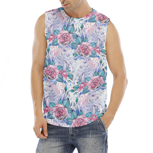 White Fairy Rose Unicorn Pattern Print Men's Fitness Tank Top