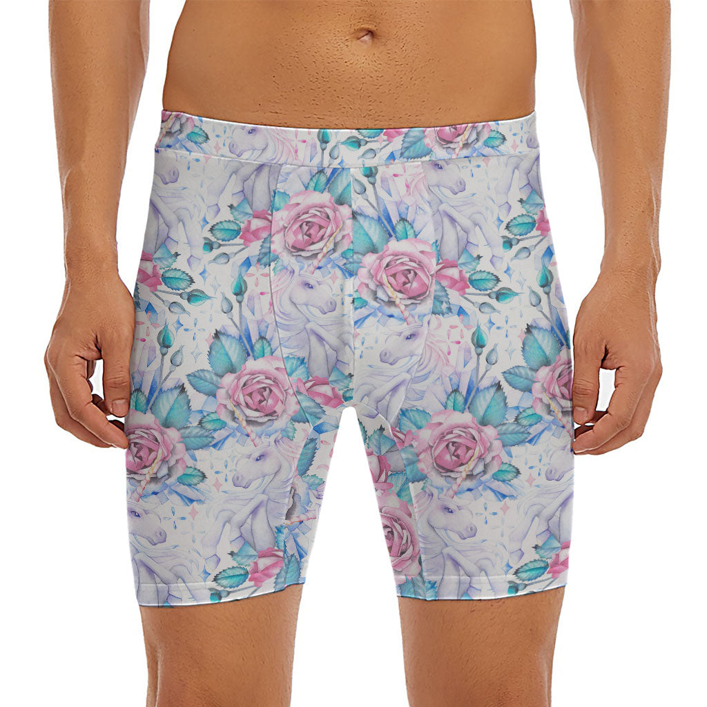 White Fairy Rose Unicorn Pattern Print Men's Long Boxer Briefs