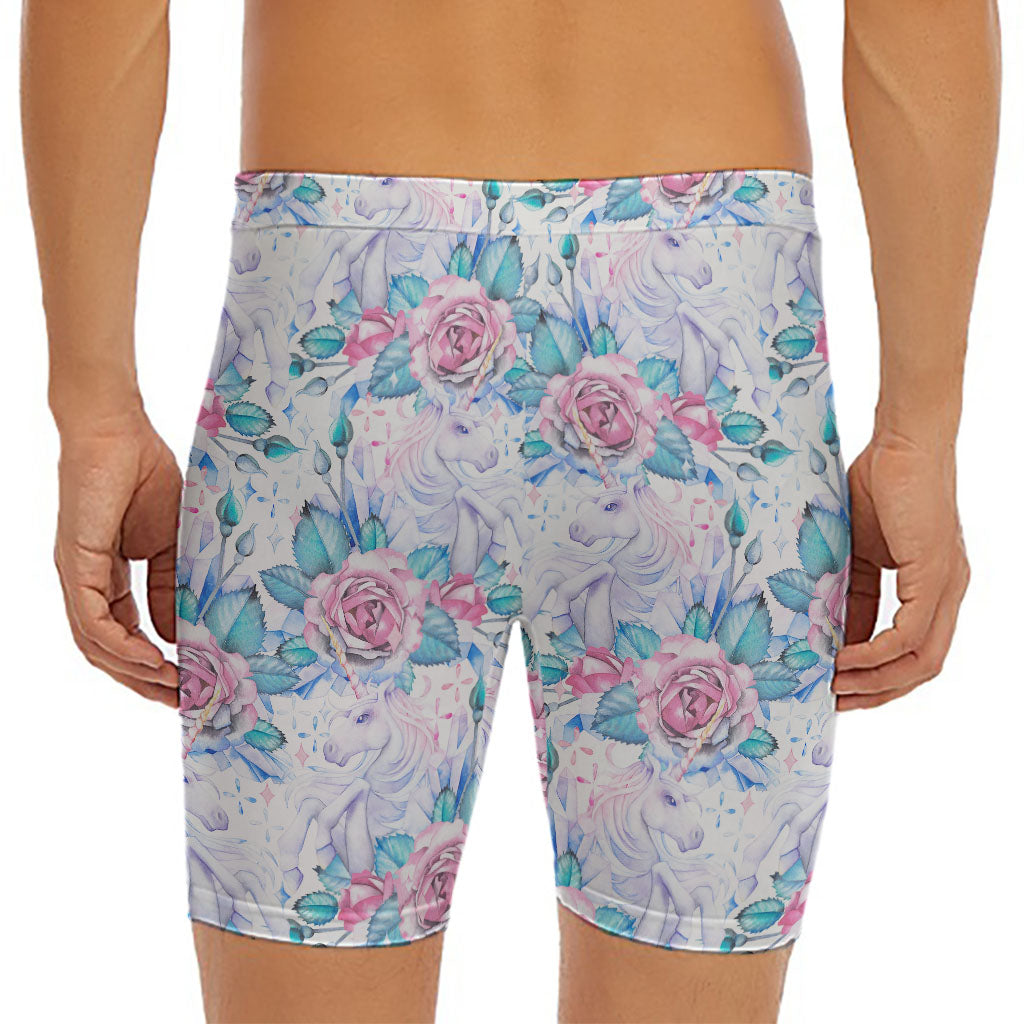 White Fairy Rose Unicorn Pattern Print Men's Long Boxer Briefs