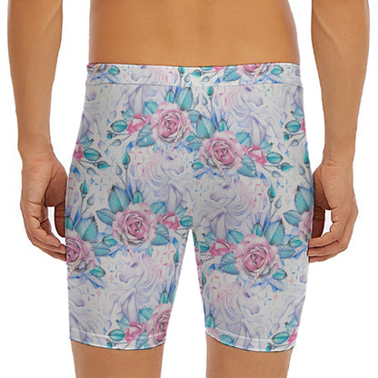 White Fairy Rose Unicorn Pattern Print Men's Long Boxer Briefs