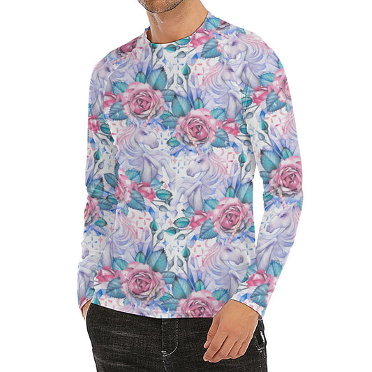 White Fairy Rose Unicorn Pattern Print Men's Long Sleeve Rash Guard